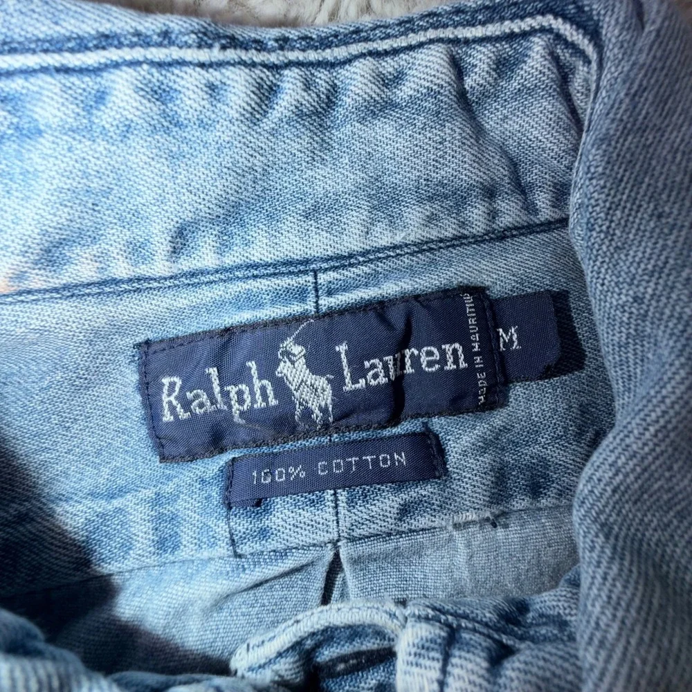 Vintage 90's Ralph Lauren Polo Shirt Men's Medium Blue Denim Button Up Red Pony